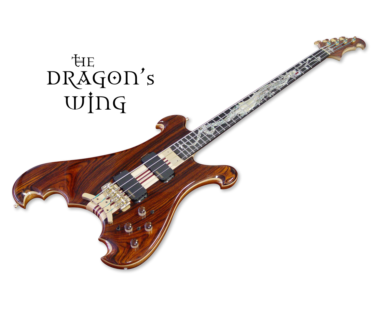 Dragon's Wing 4-string bass; Chinese Dragon inlay; Coco Bolo top 